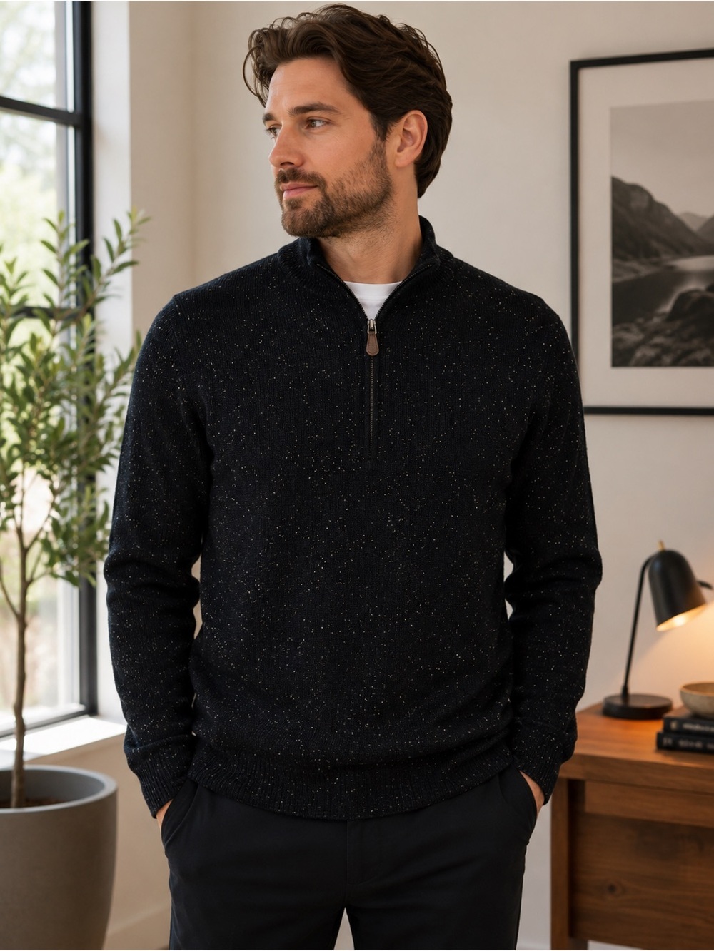Trumbull Rhodes New England Men’s Black Speckled Quarter-Zip Sweater – Size L